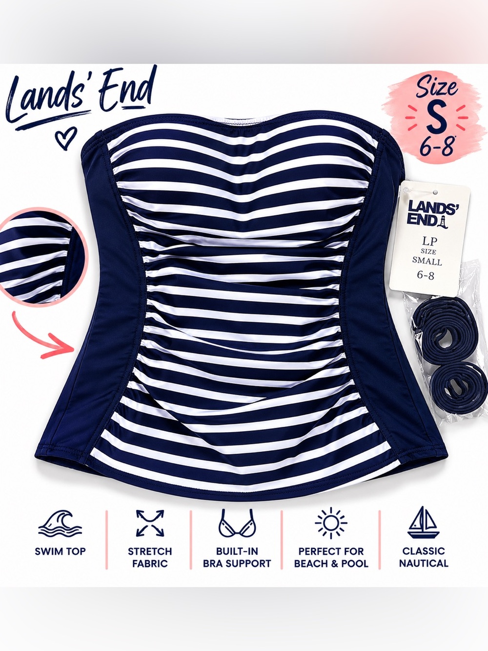 Lands' End Navy and White Ruched Bandeau Swim Top